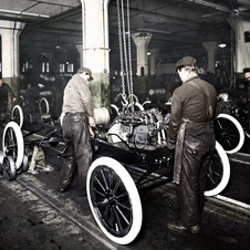 In 1913, Ford began producing cars on the moving assembly line