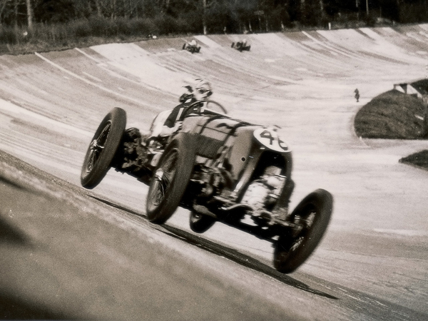 The car was raced around the banked Brooklands circuit by Sir Henry Birkin