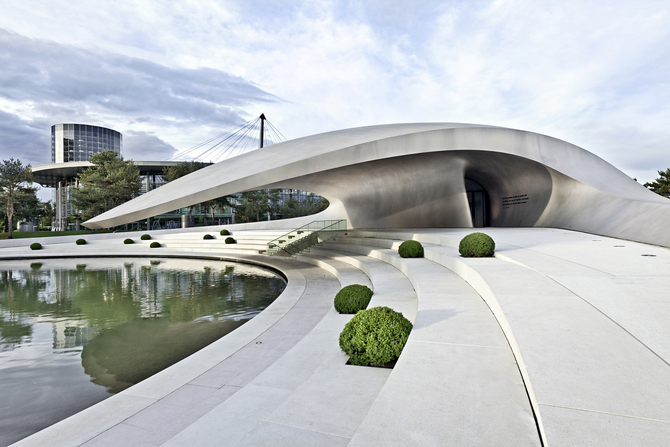 The exterior of the building is meant to inspire thoughts of a Porsche 911