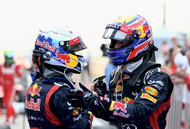 Vettel and Webber celebrate a one-two victory from Red Bull